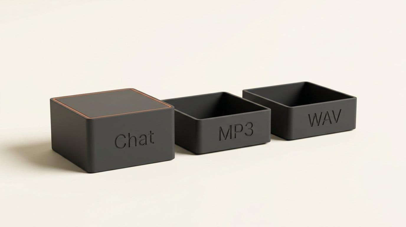 A sealed box engraved Chat beside open trays engraved MP3 and WAV