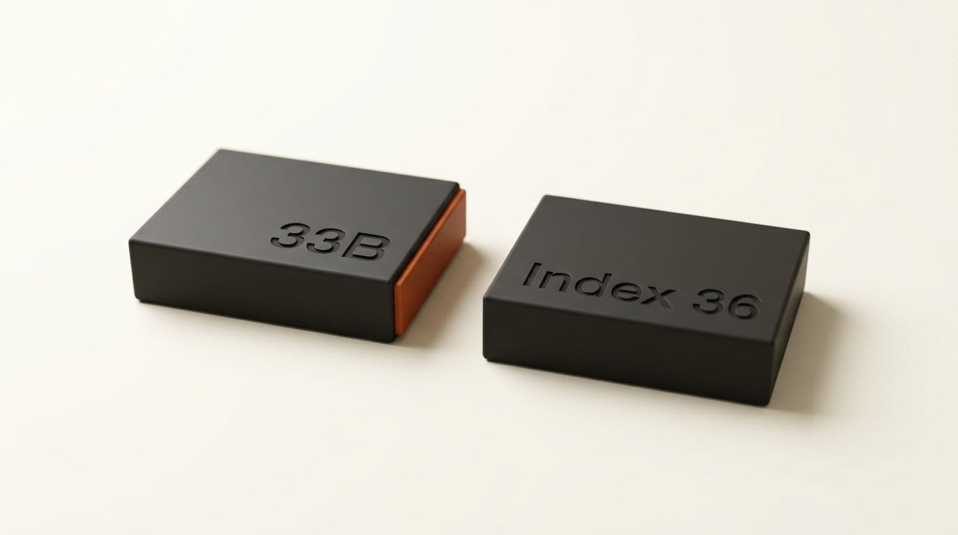 Two separated blocks engraved 33B and Index 36 showing the open weights and API model are different