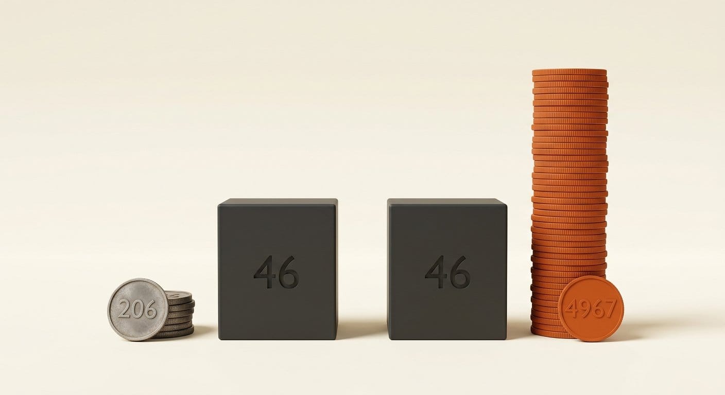 Two equal plinths engraved 46 beside coin stacks of 206 and 4967 dollars