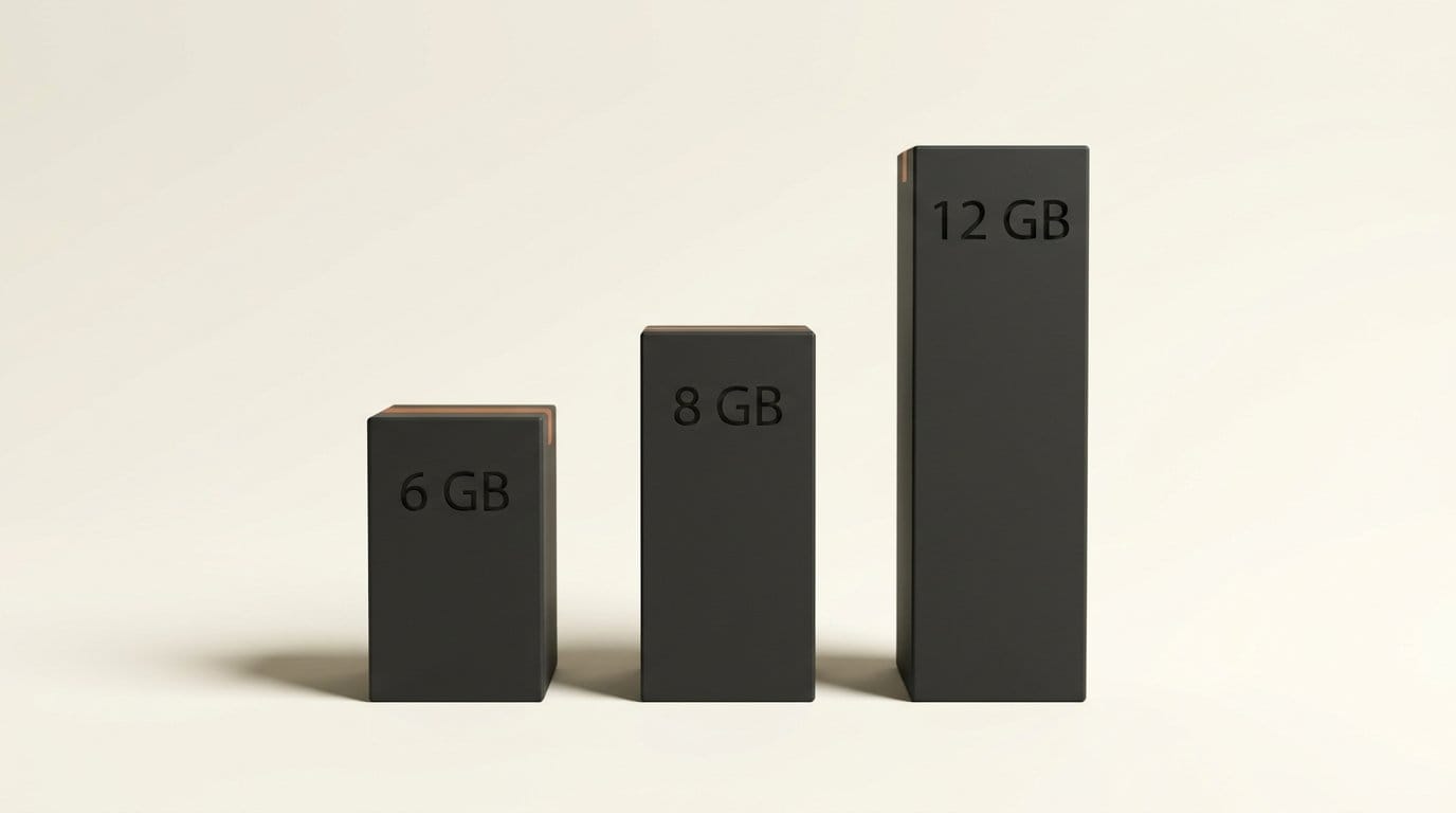 Three matte 3D blocks engraved 6 GB, 8 GB and 12 GB, GPU memory for MMAudio and HunyuanVideo-Foley with offload