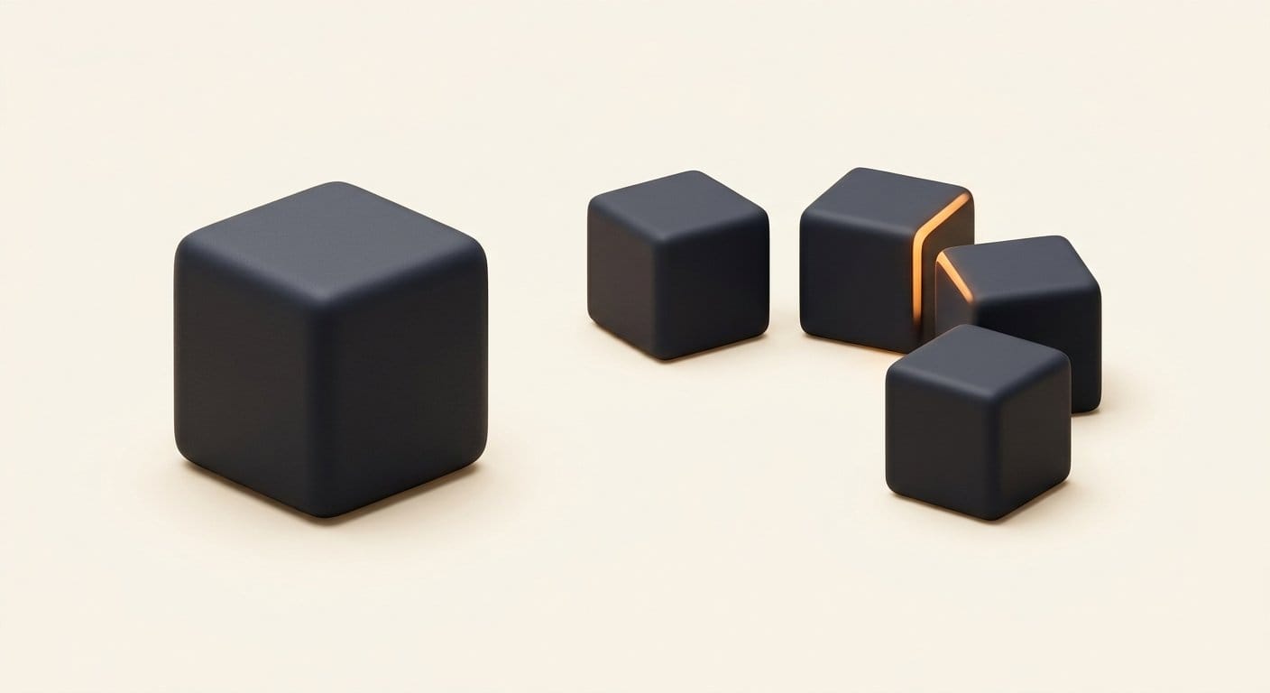 One large block beside an arc of smaller blocks, representing a shift from a single model to many