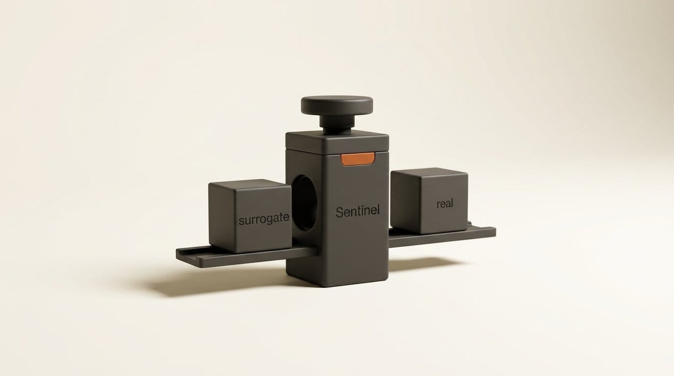A valve engraved Sentinel swapping a cube marked surrogate for one marked real