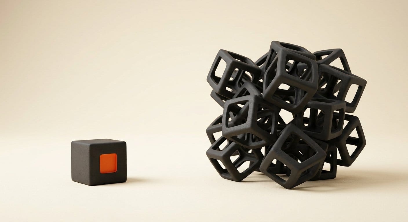 Small solid cube beside a larger segmented cluster showing dense versus mixture of experts memory footprint