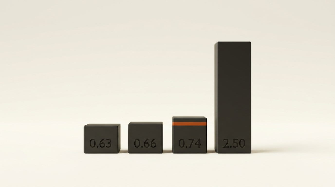 Four charcoal bars engraved 0.63, 0.66, 0.74 and 2.50, the tall fourth bar dwarfing the first three