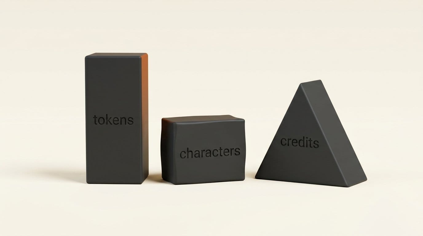 Three mismatched charcoal measuring blocks engraved tokens, characters and credits, three incompatible billing units
