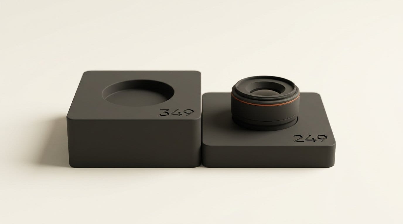 A taller 3D platform engraved 349 with an empty lens recess beside a shorter one engraved 249 holding a lens