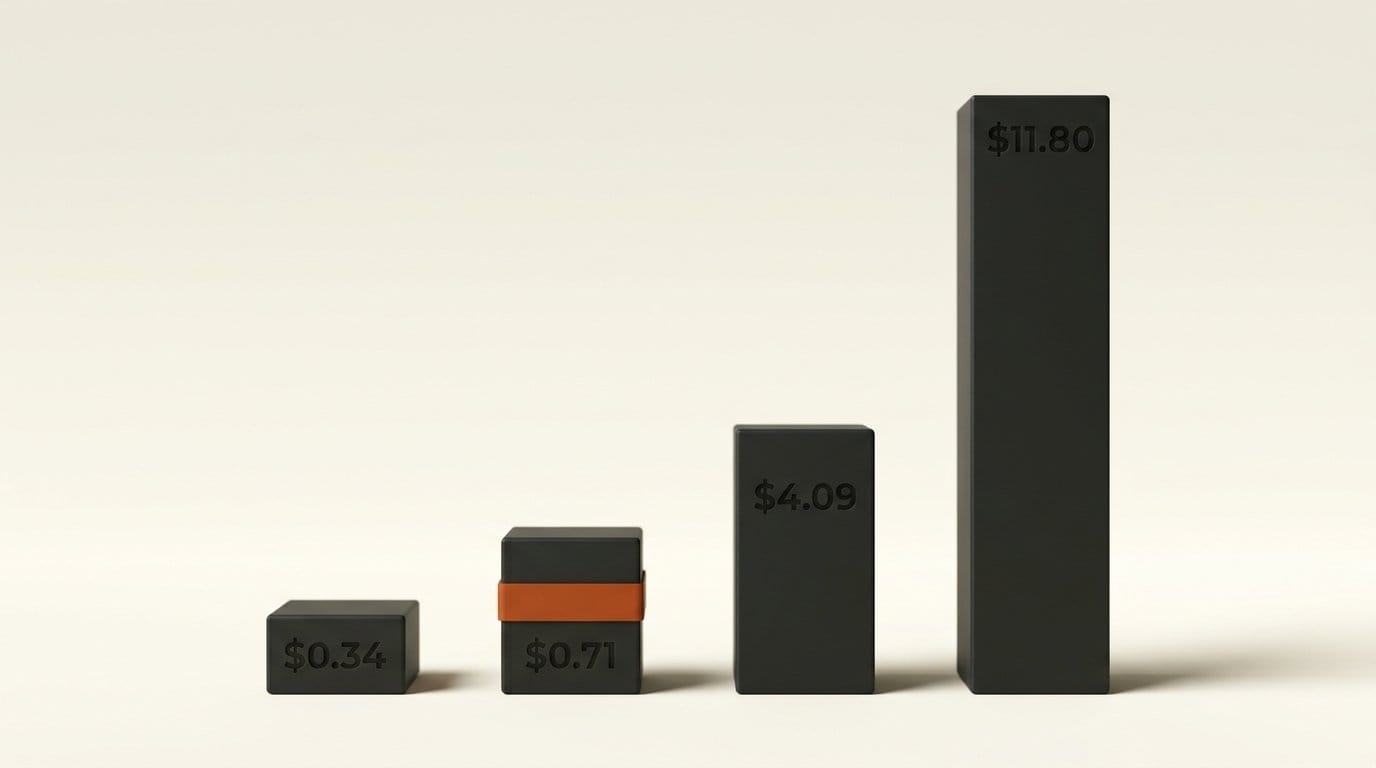 Cost of one heavy coding-agent session: GPT-6 Luna $0.34, LongCat-2.5-Preview $0.71, DeepSeek V4 Pro $4.09, Claude Opus 5.5 $11.80