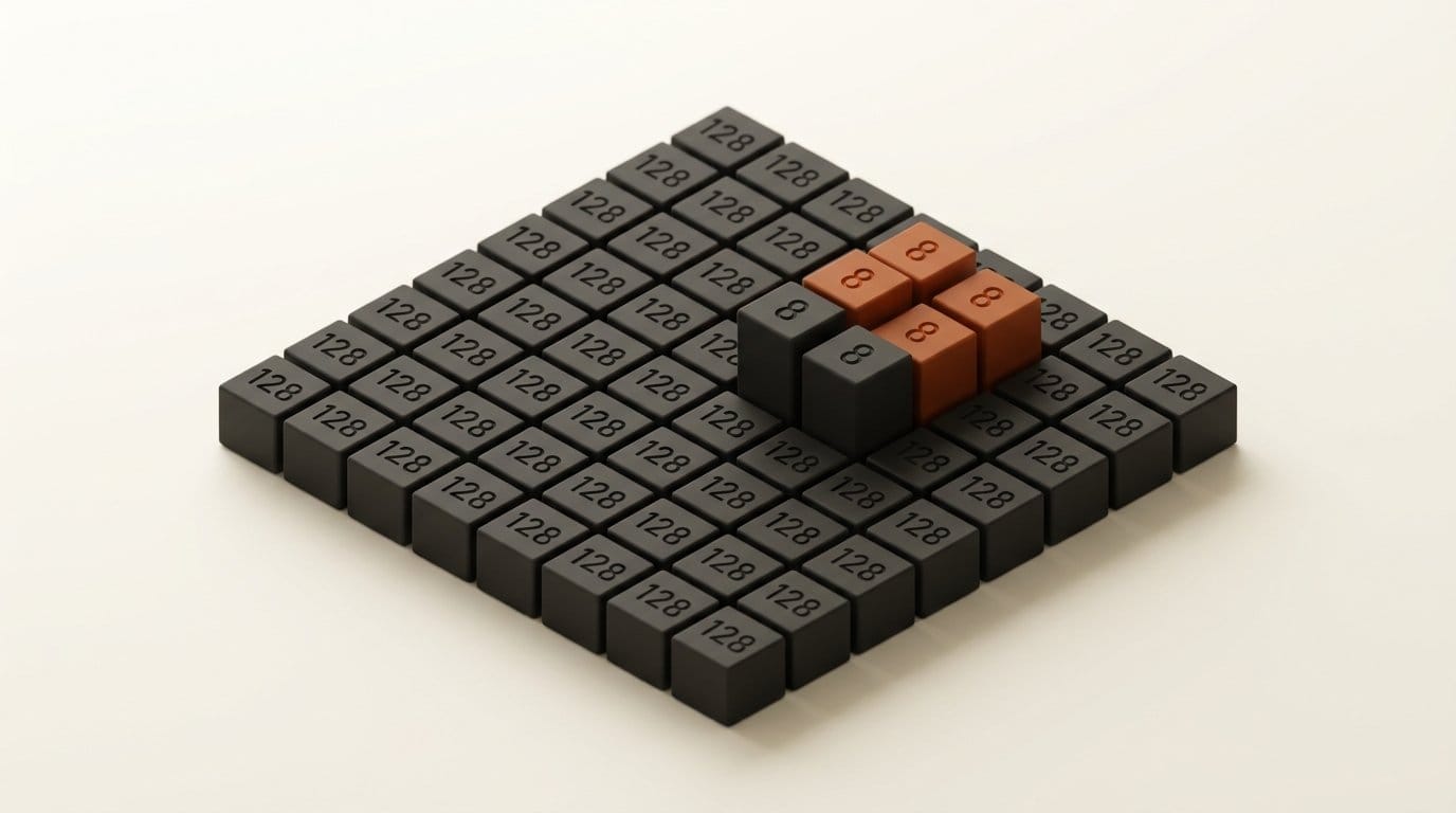 3D render of 128 blocks with only 8 raised, showing sparse mixture-of-experts routing