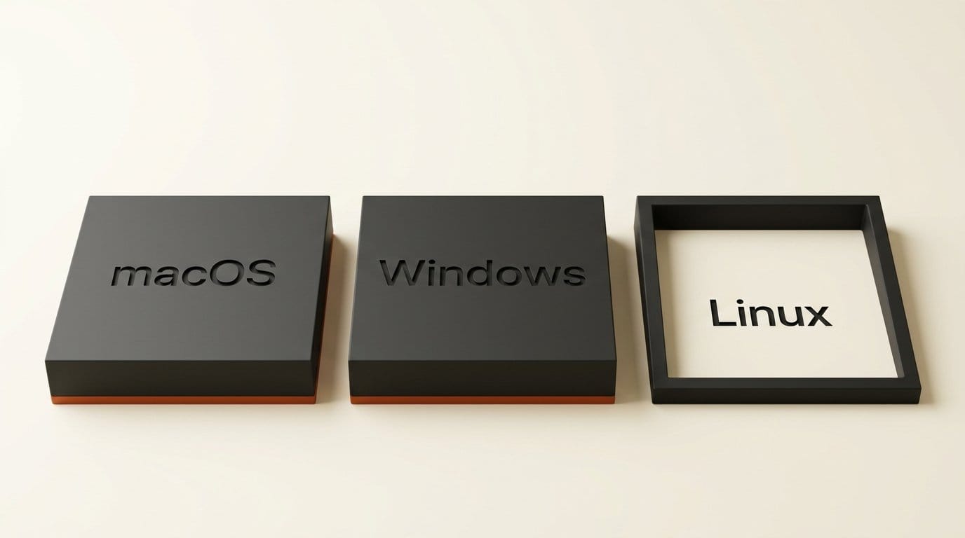 Three 3D platform slabs labelled macOS and Windows as solid forms and Linux as an empty outline