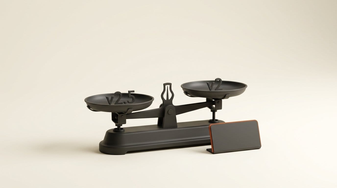 A charcoal balance scale with pans engraved v2.5 and v2 barely tipping, beside a blank readout plaque