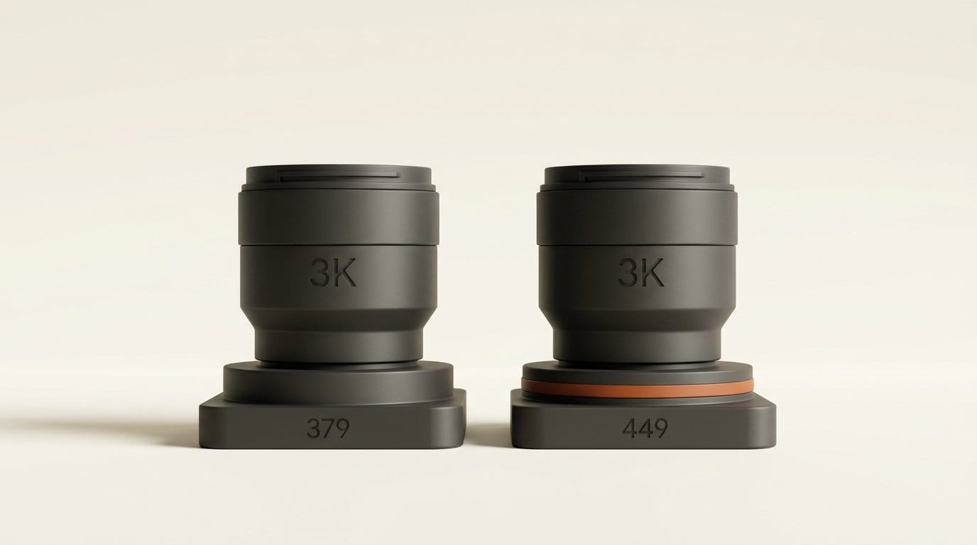 Two identical 3D camera lenses engraved 3K on plinths marked 379 and 449