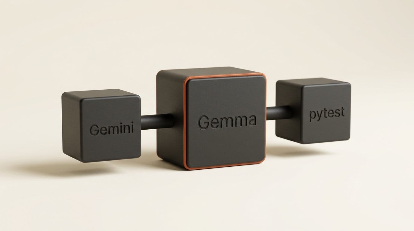 Hybrid demo pipeline: Gemini plans in the cloud, Gemma writes text locally, and Python runs pytest