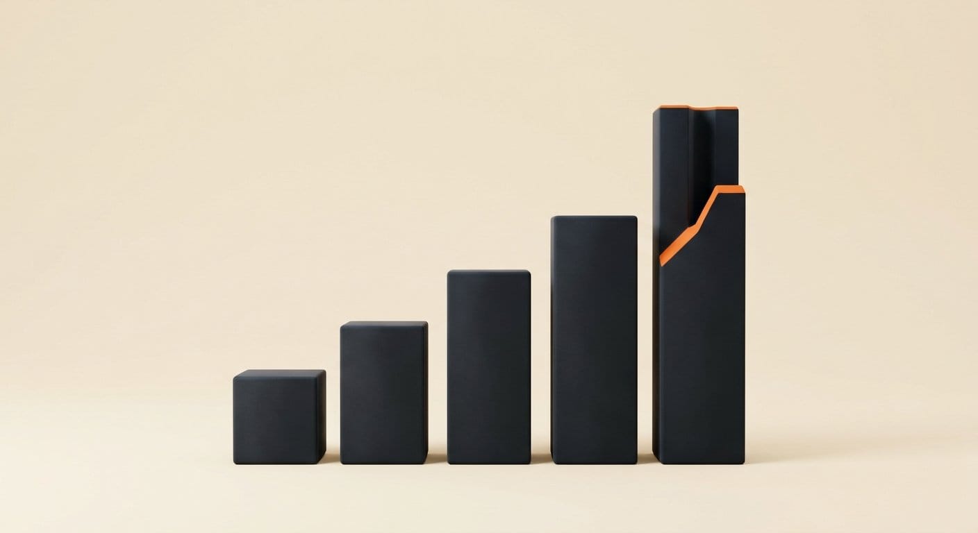 Ascending 3D bar blocks with one shortened bar showing a benchmark gap