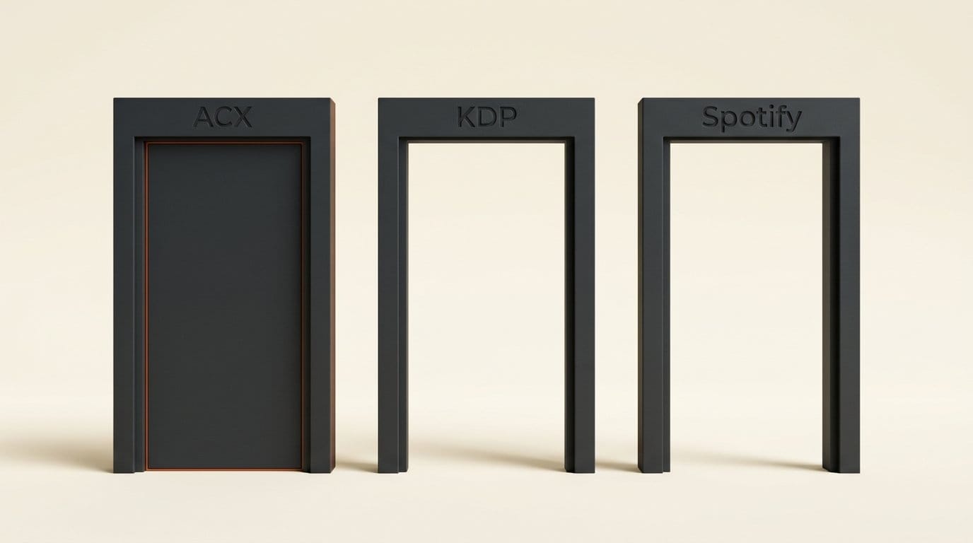 Three matte 3D gates, two open and one closed, engraved ACX, KDP and Spotify for the three audiobook distribution routes