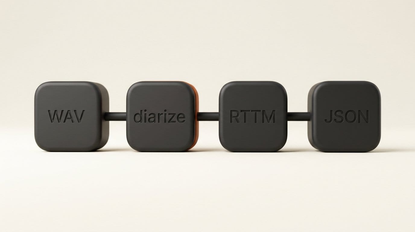 3D pipeline of four linked blocks labelled WAV, diarize, RTTM and JSON for the local diarization workflow