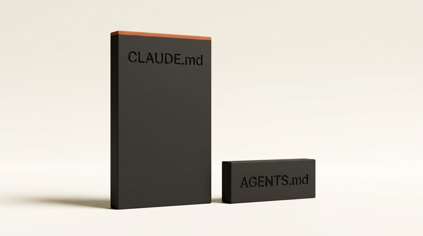 A tall matte 3D slab engraved CLAUDE.md standing in front of a much shorter slab engraved AGENTS.md