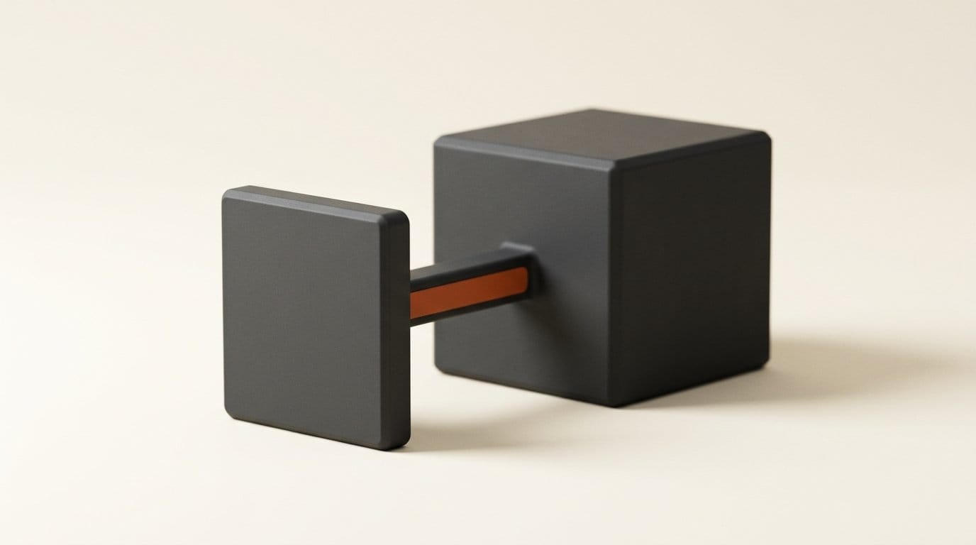 Abstract 3D render of a small voice layer block connected to a larger backend reasoning block