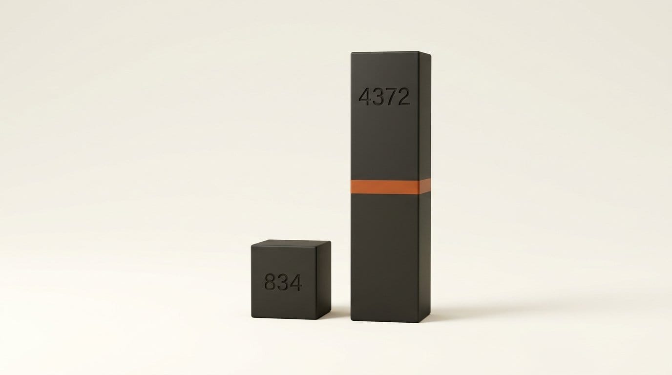Two matte 3D bars engraved 834 and 4372 showing the community quant outpacing the official weights