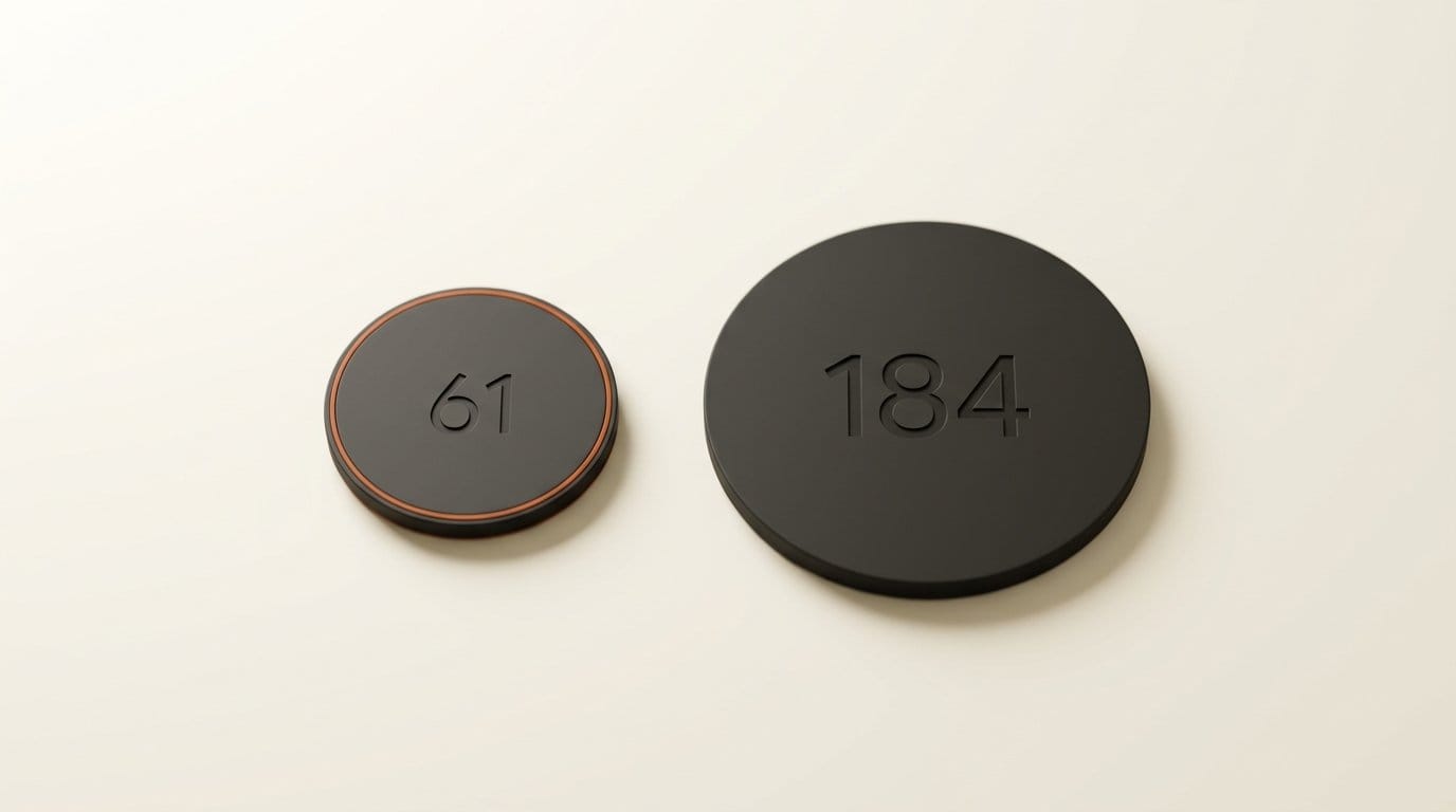 Two 3D dials engraved 61 and 184 showing the same Claude model getting different retirement notice on two platforms