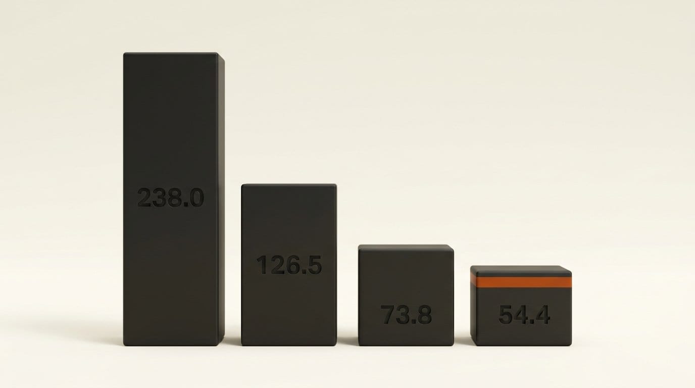 Four bars embossed 238.0, 126.5, 73.8 and 54.4 showing Mistral Small 4 build sizes in gigabytes