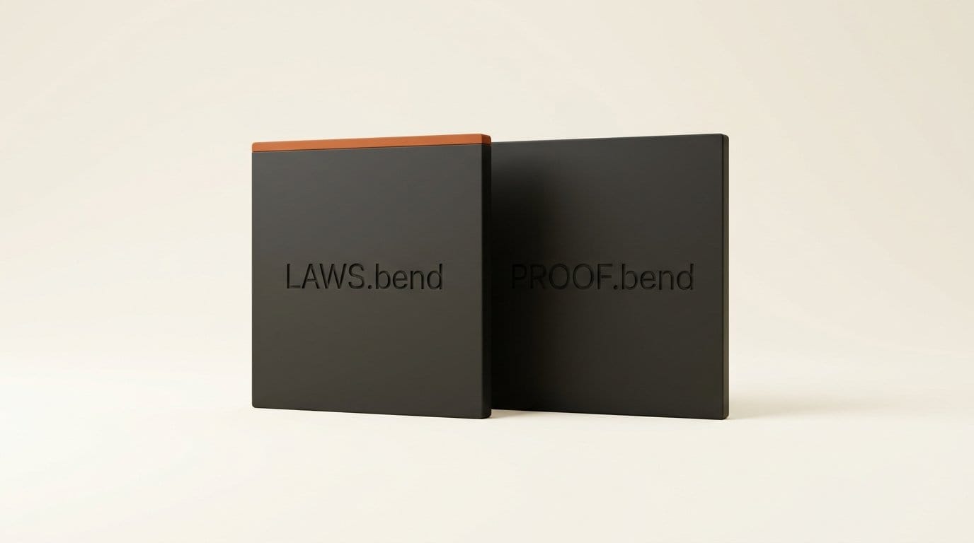 Two file plaques engraved LAWS.bend and PROOF.bend, the two files Bend 2 uses to verify AI code