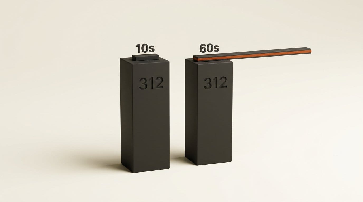 Two equal columns of 312 seconds carrying ten seconds of footage and sixty seconds of footage