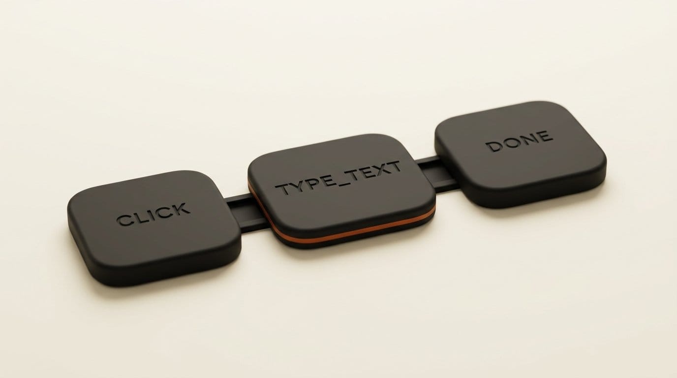 Three linked 3D tiles engraved CLICK, TYPE_TEXT and DONE, the closed operation set of the Jev Ultrafast agent loop