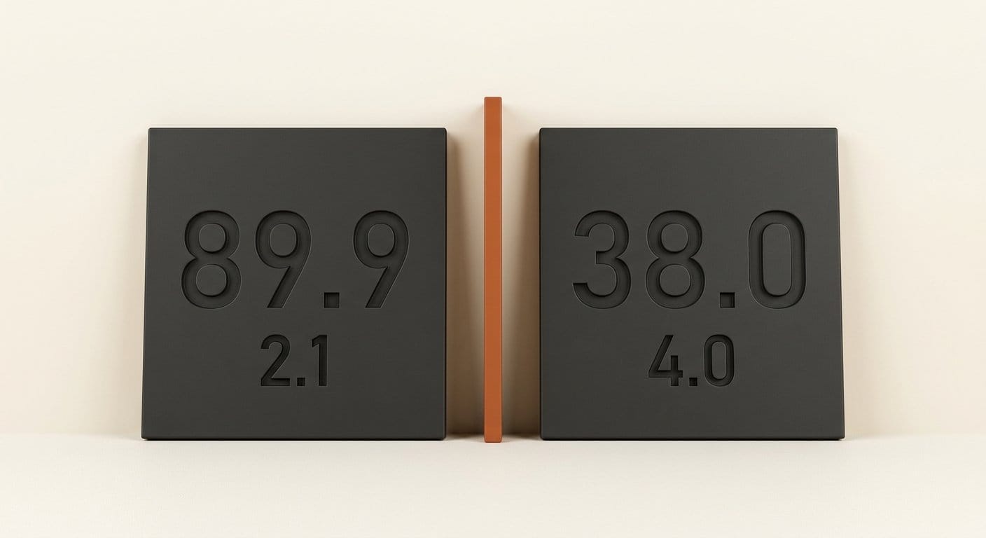 Two plaques engraved 89.9 on version 2.1 and 38.0 on version 4.0, split by a divider