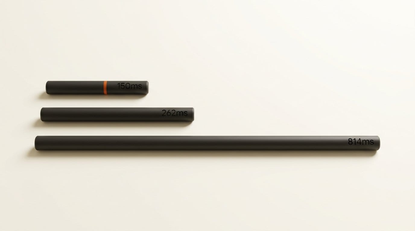 3D rods showing time to first speech of 150ms, 262ms and 814ms