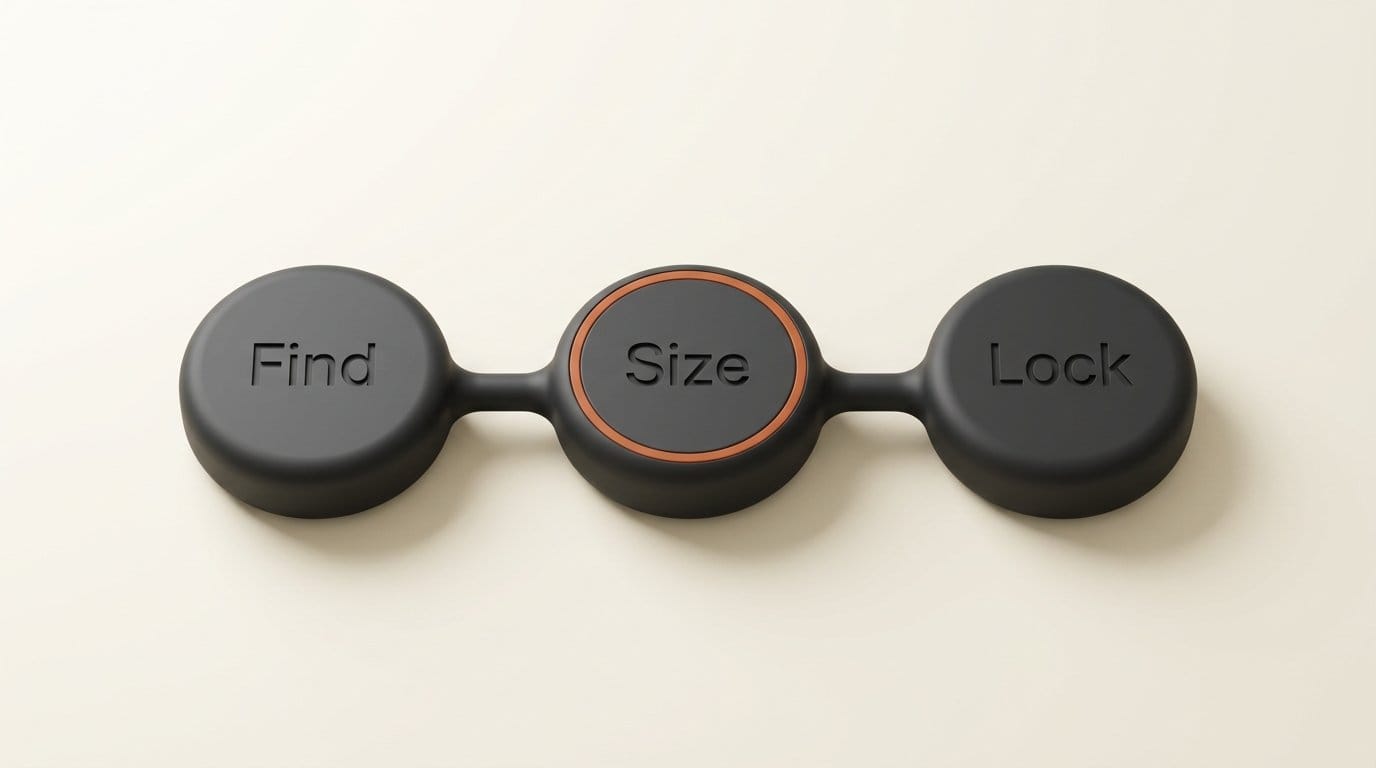 Three linked charcoal nodes engraved Find, Size and Lock showing the three-step agent audit