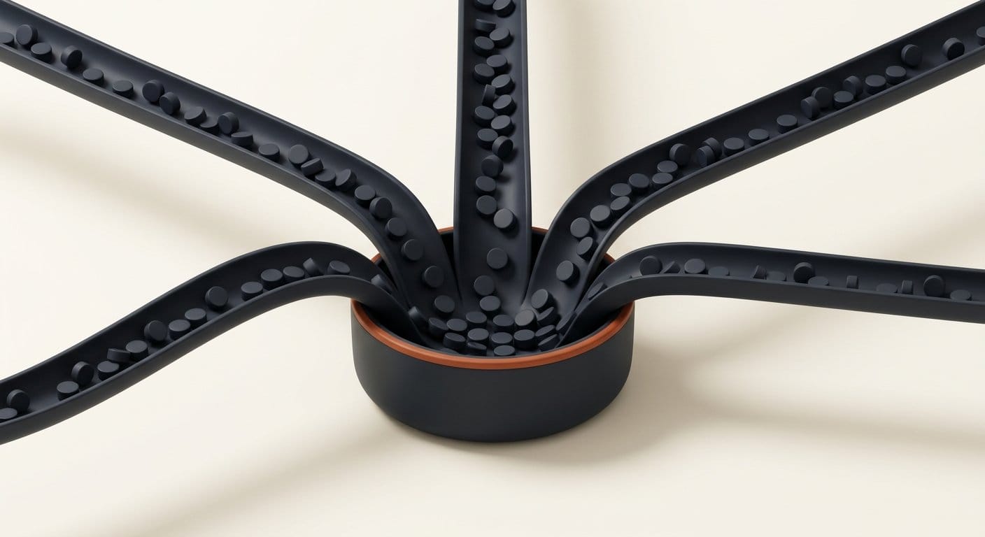 Three streams of tokens merging into one shared basin