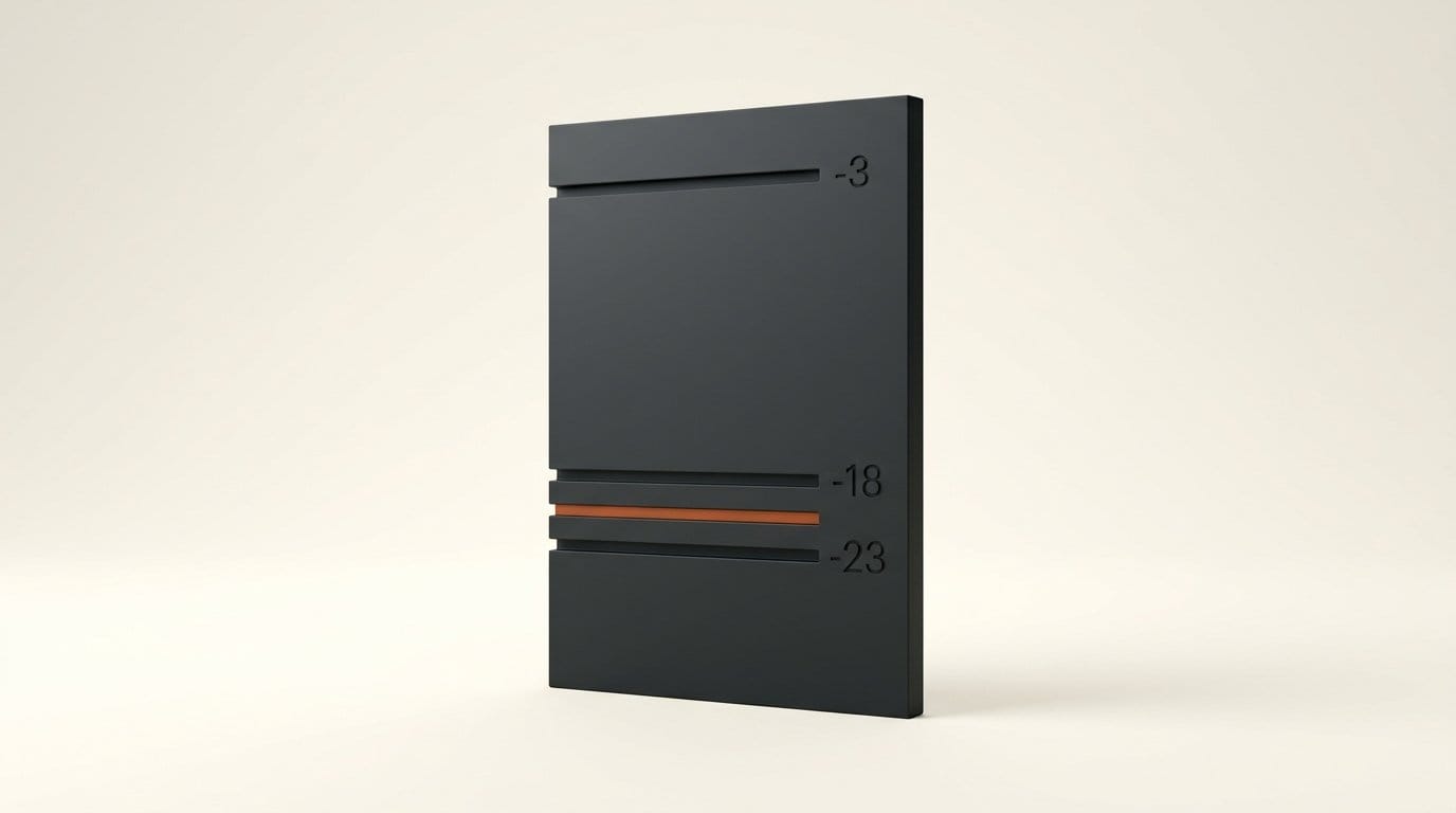 Three matte 3D bands at true relative positions engraved -23, -18 and -3 marking the ACX loudness window and peak ceiling