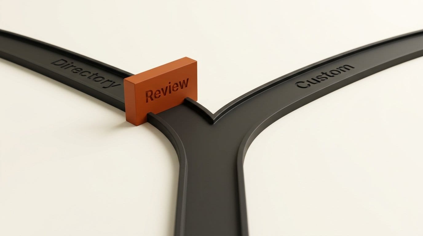 A forked track where only the Directory branch passes through a gate engraved Review