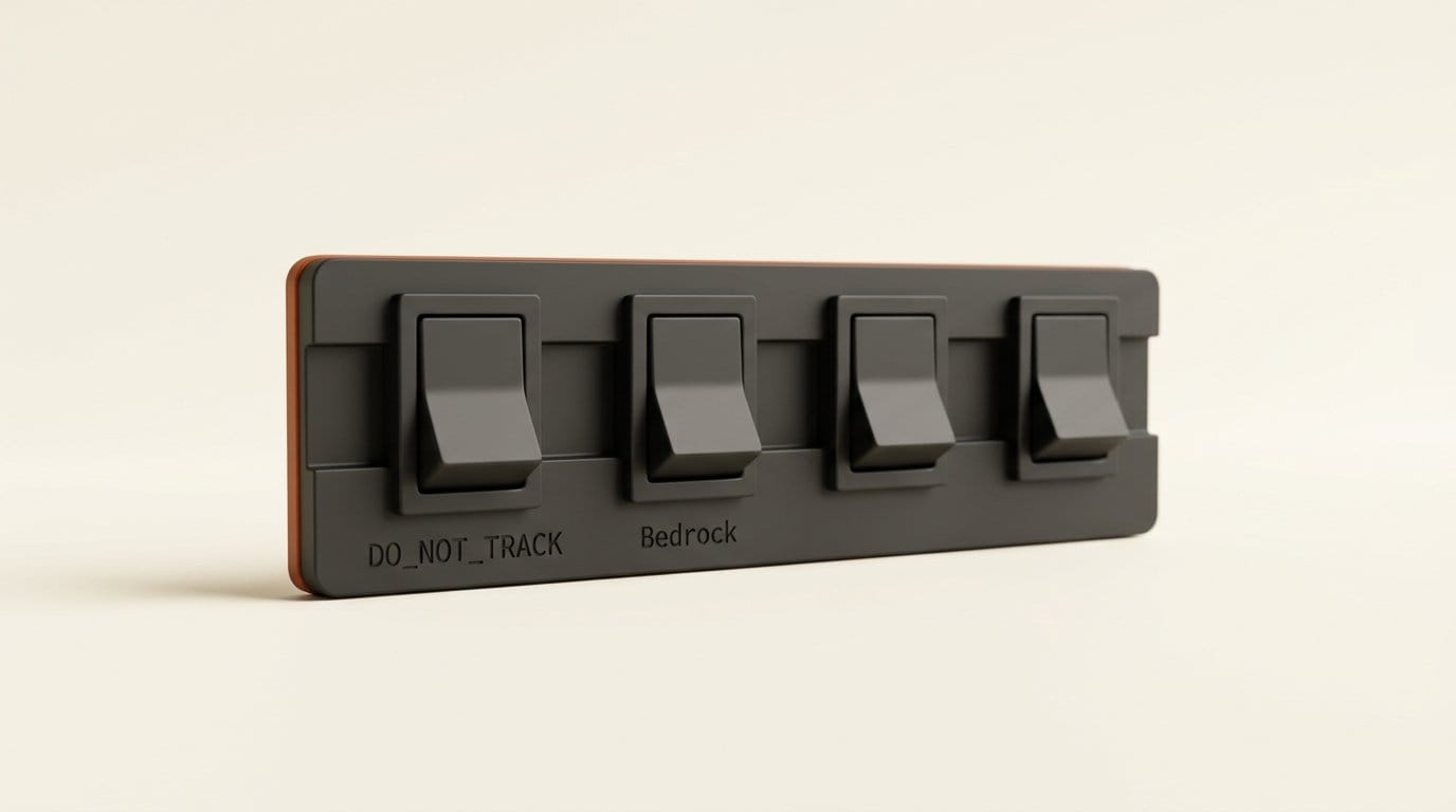 Four identical matte 3D toggle switches in a row, every one flipped to the down off position, two engraved DO_NOT_TRACK and Bedrock