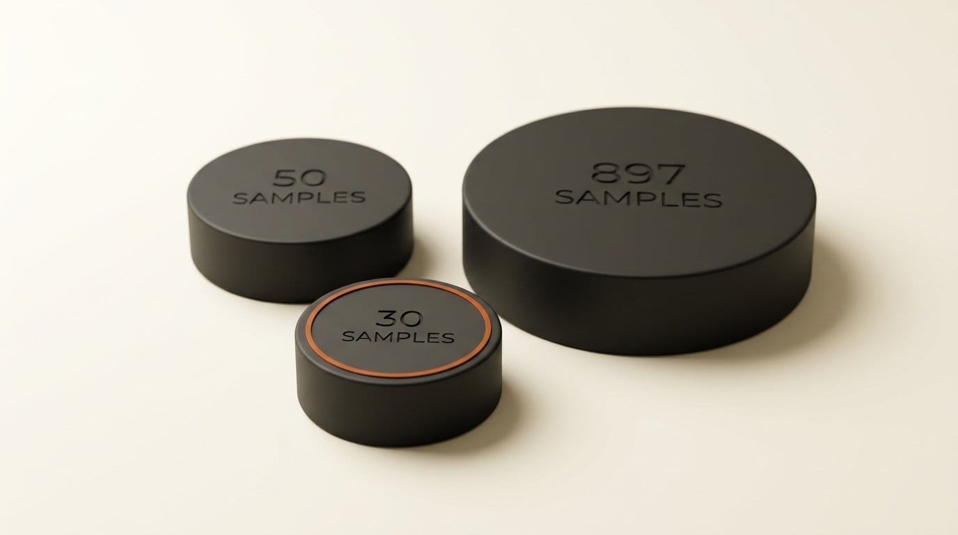 Three sample pucks engraved 50, 30 and 897 showing the pinned dataset sizes behind the rankings