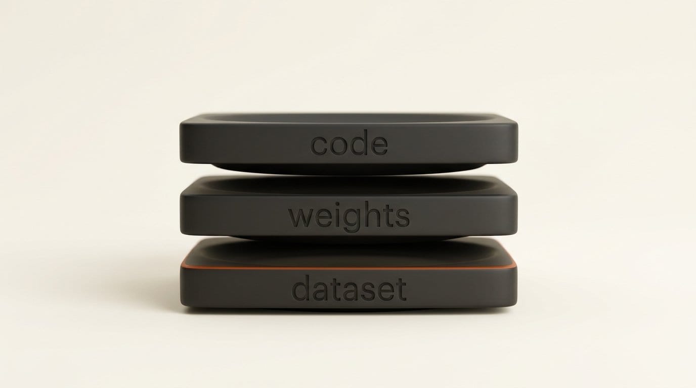 Three separate licence layers in an open source model: code, weights and training dataset