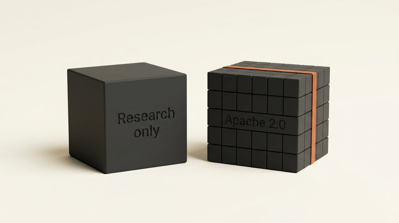3D render of two model blocks labelled Research only and Apache 2.0