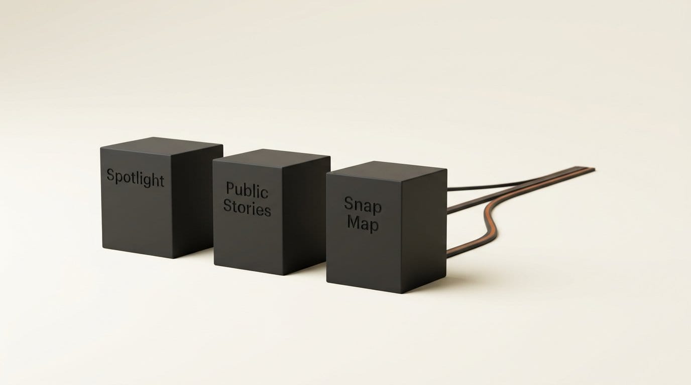 Three plinths engraved Spotlight, Public Stories and Snap Map feeding one channel