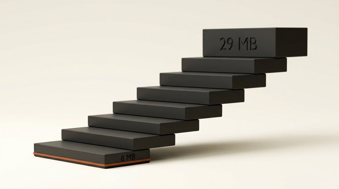 Stepped ladder showing Needle 3 sizes from 8 MB at 4 layers to 29 MB at 20 layers