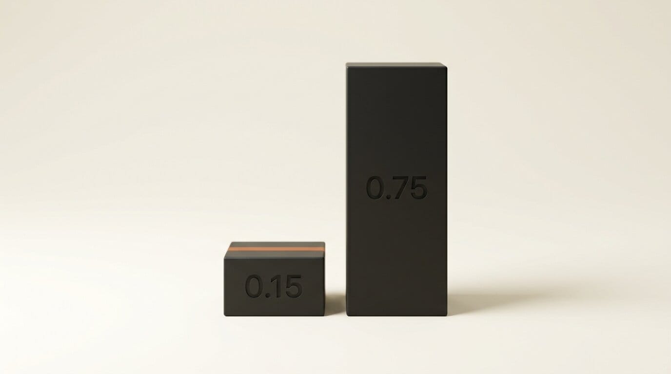 Two charcoal price bars at one-to-five relative heights engraved 0.15 and 0.75