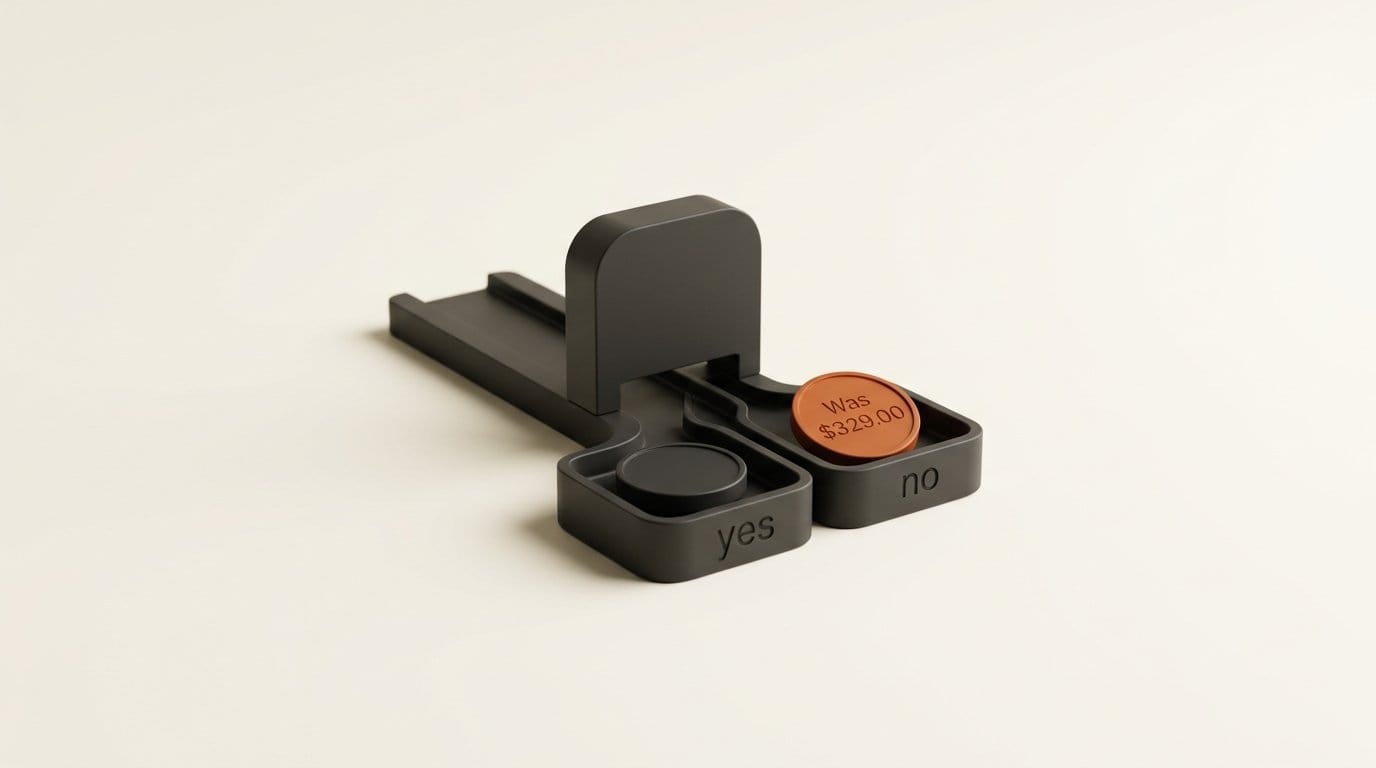 Checker model as a yes or no gate: a decoy value like Was $329.00 is sent to the no tray and stored as null