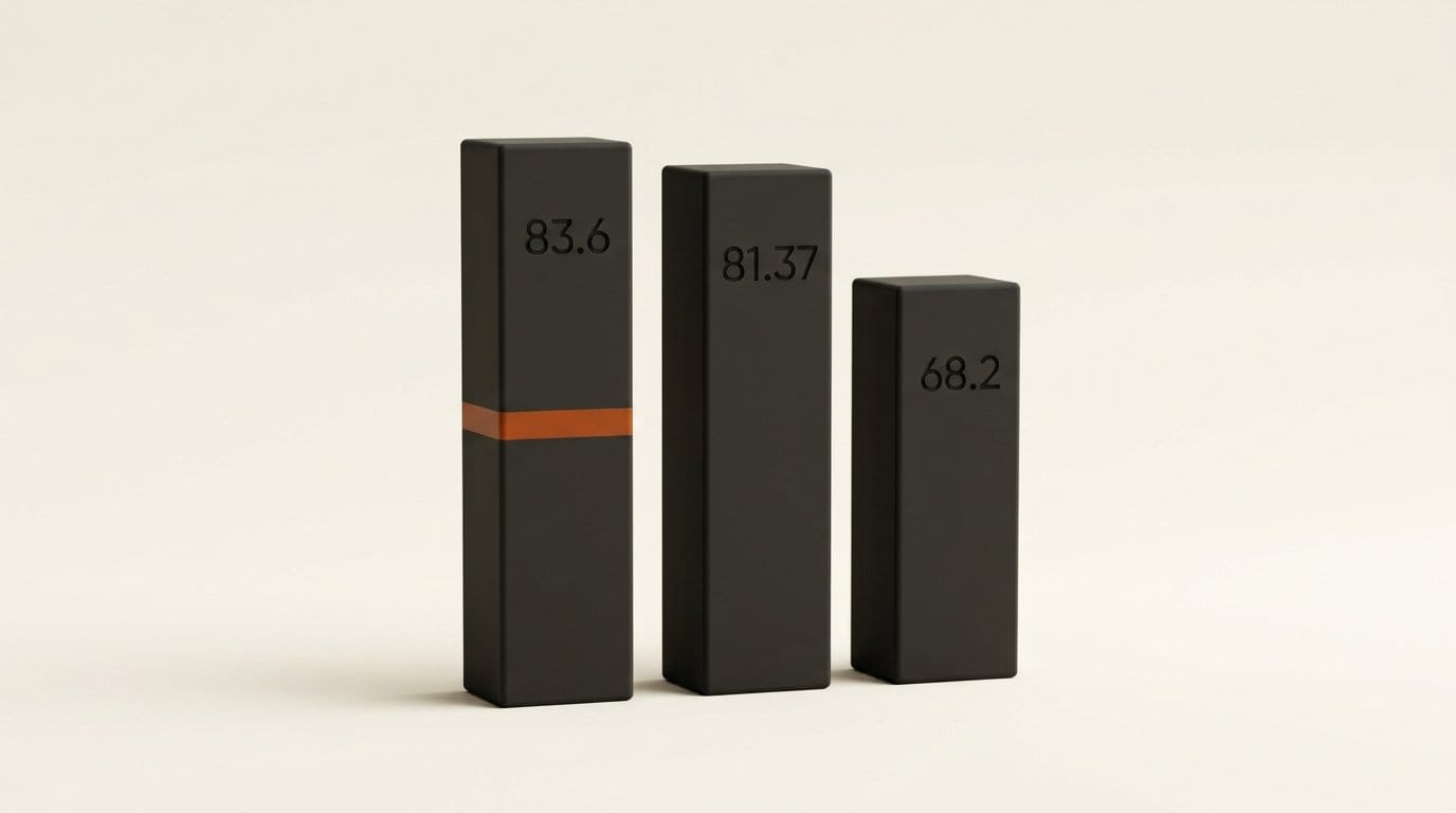 3D bar render comparing WMT26 scores 83.6, 81.37 and 68.2