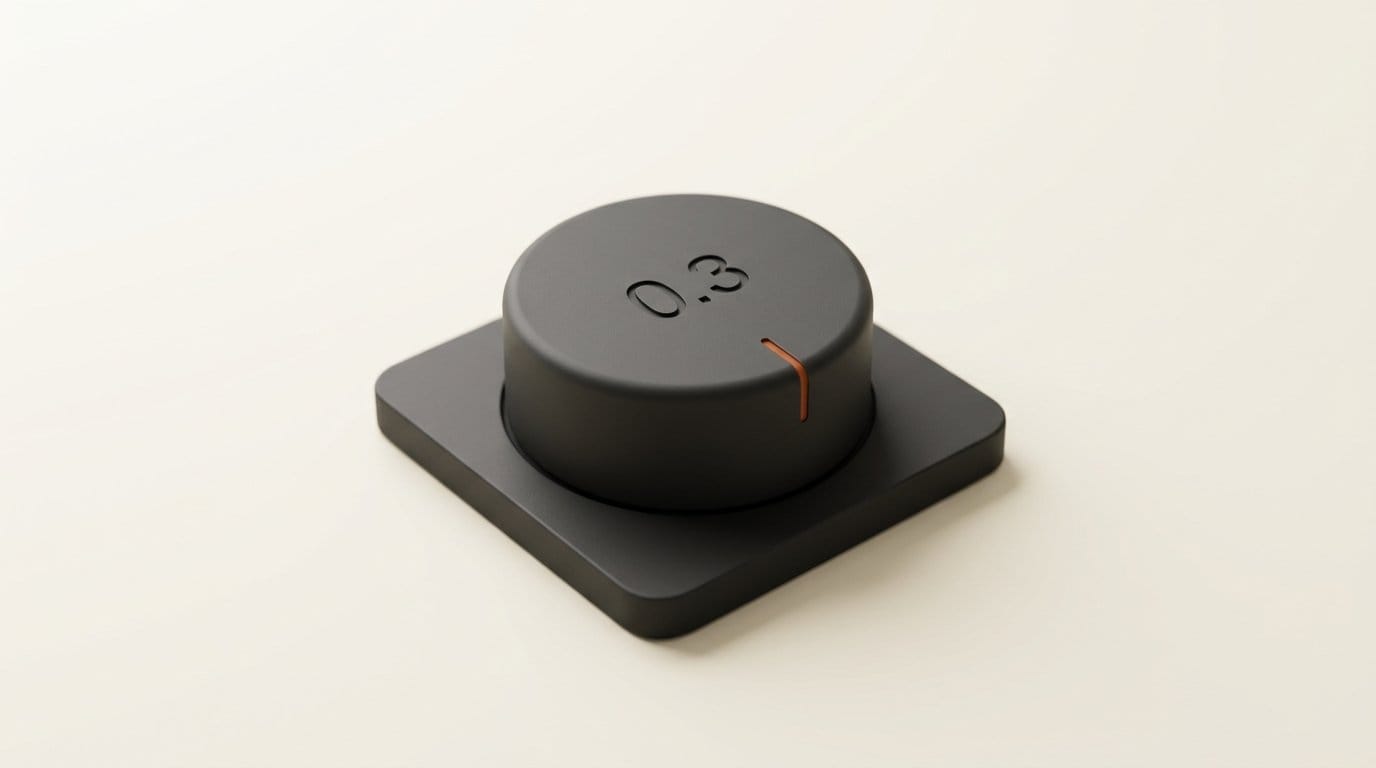 A matte 3D control dial engraved 0.3, the default ElevenLabs prompt influence setting