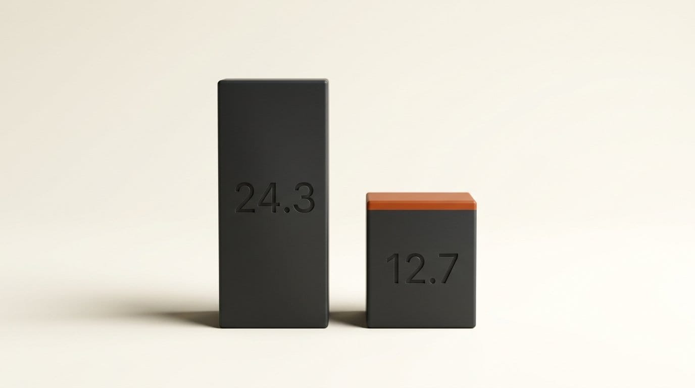Two matte 3D bars engraved 24.3 and 12.7, the right one about half the height