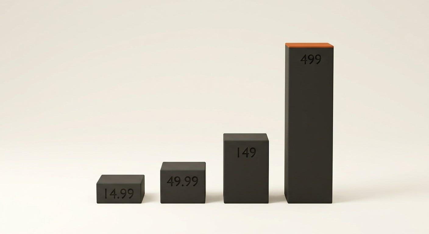 Four charcoal bars at true relative heights engraved 14.99, 49.99, 149 and 499