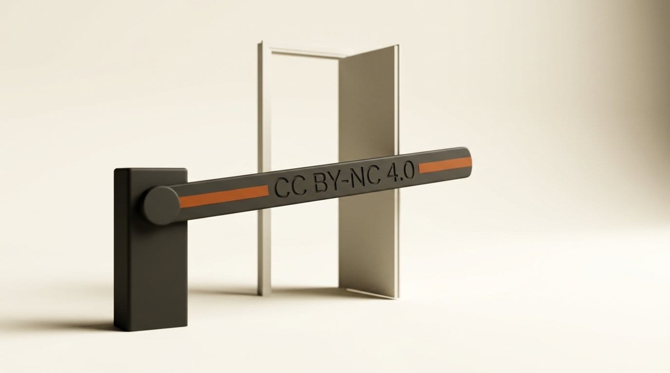 3D render of a barrier engraved CC BY-NC 4.0 blocking an open doorway