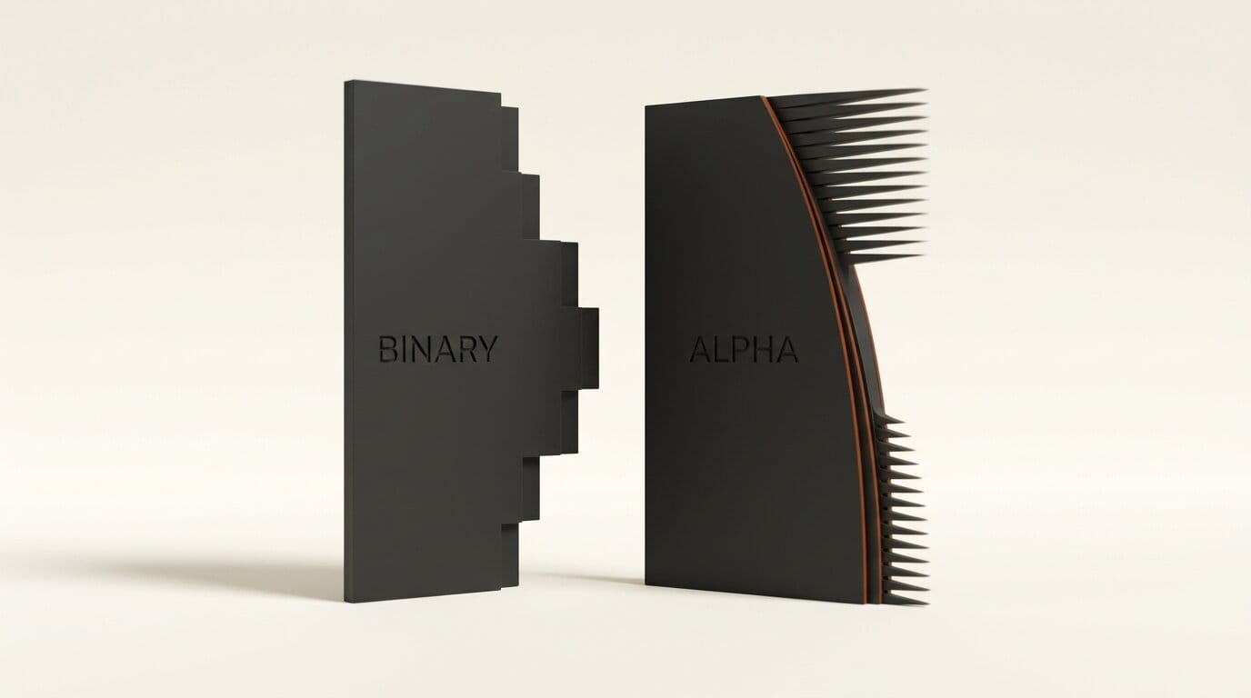 A hard stepped binary mask edge beside a smoothly feathered alpha matte edge
