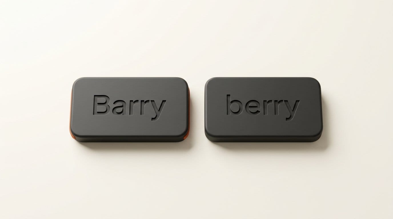 Two identical matte 3D tiles engraved Barry and berry, the Barry tile edged in orange