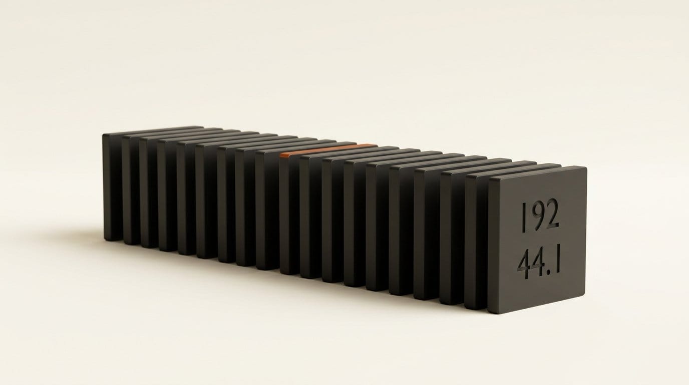 A stack of identical matte 3D frames of equal thickness engraved 192 and 44.1 representing constant bit rate MP3 encoding