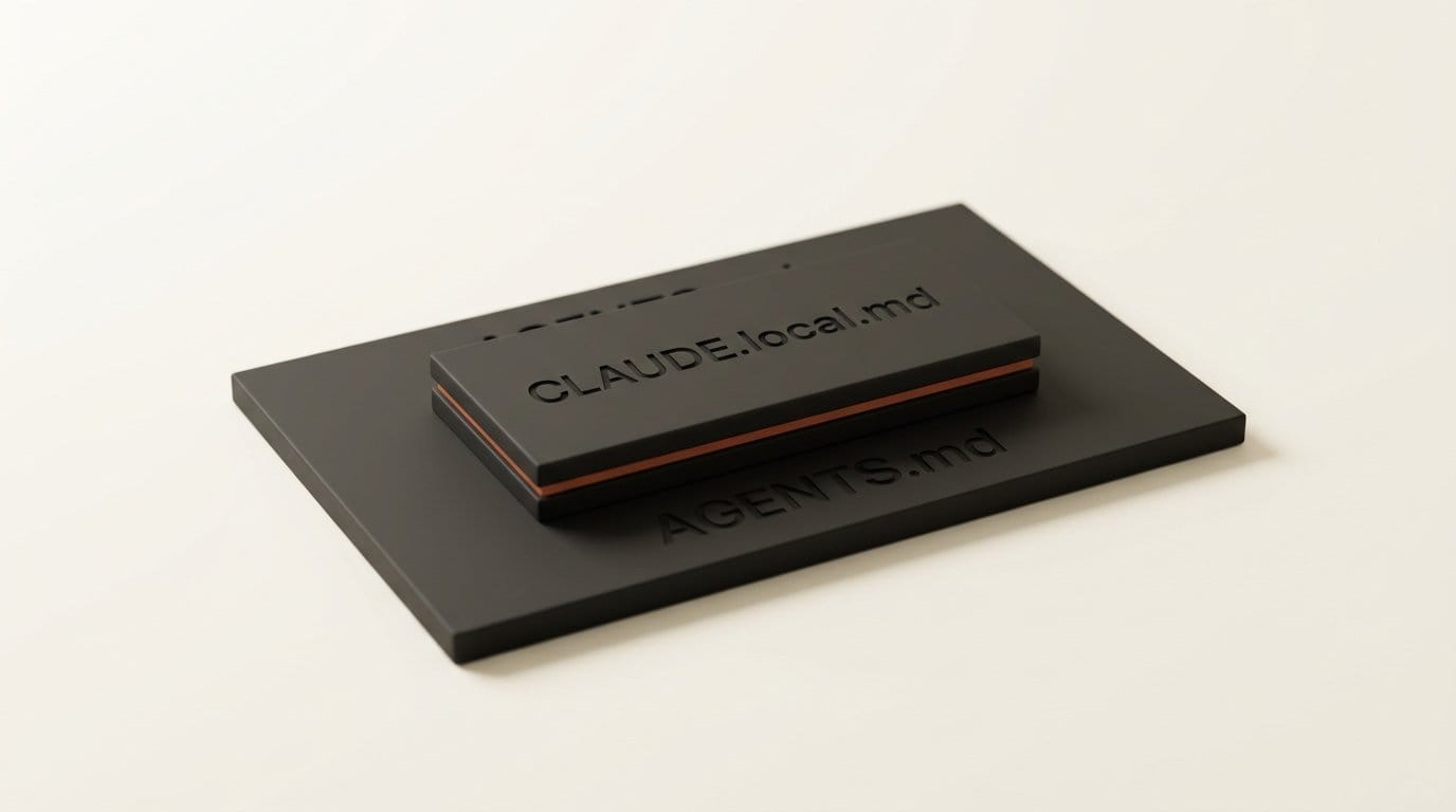 A small matte 3D block engraved CLAUDE.local.md resting on top of and completely hiding a much larger plate engraved AGENTS.md
